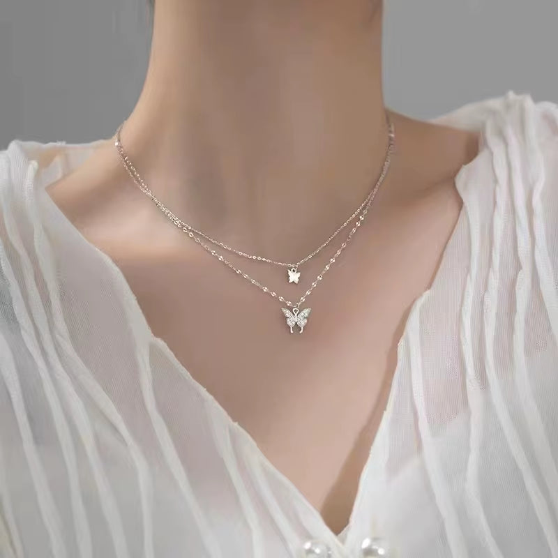 Popular 925 Sterling Silver Double Layer Butterfly Necklace Zirconia Insect Pendant Birthday Gift for Women'S Fine Jewelry