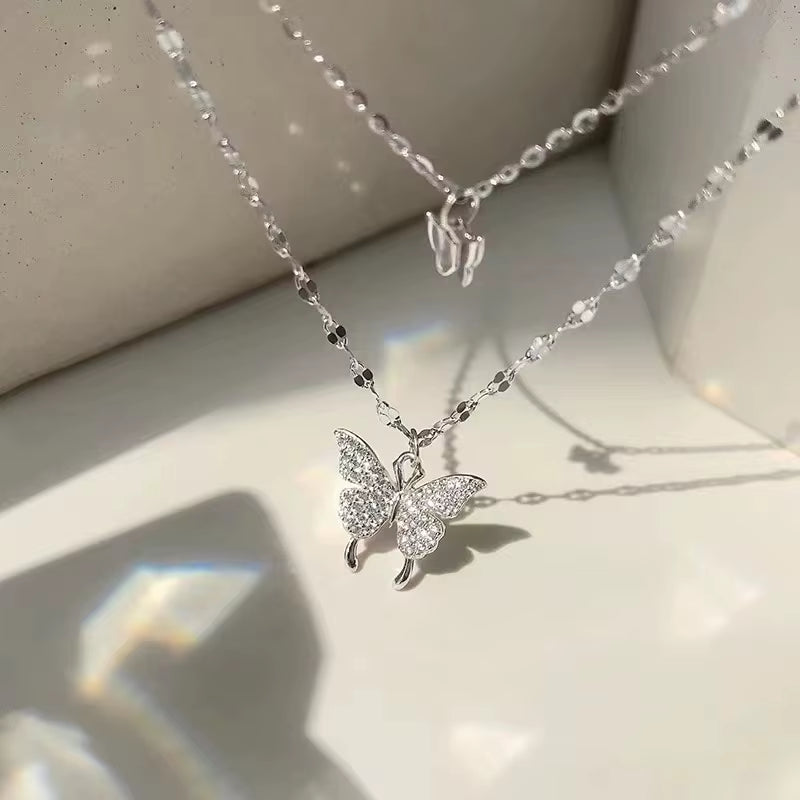 Popular 925 Sterling Silver Double Layer Butterfly Necklace Zirconia Insect Pendant Birthday Gift for Women'S Fine Jewelry