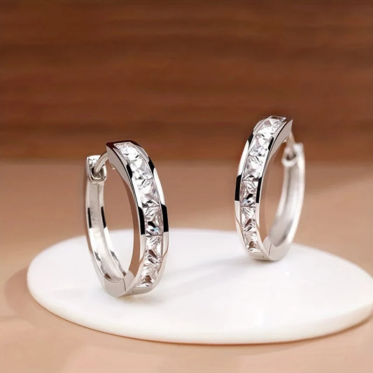 Classic Design Women Hoop Earrings Full with Princess Square CZ Simple and Elegant Female Accessories Versatile Jewelry